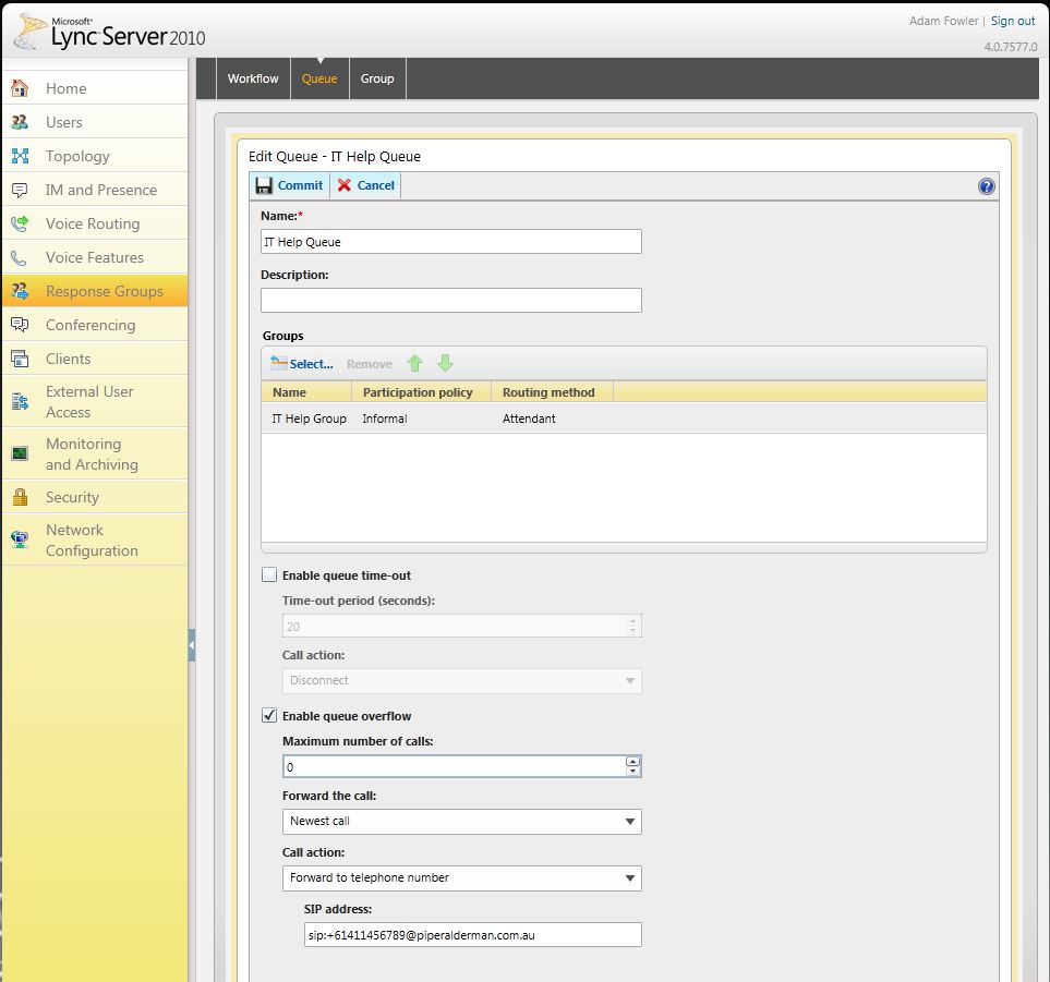 Forwarding a Response Group Externally in Lync 2010